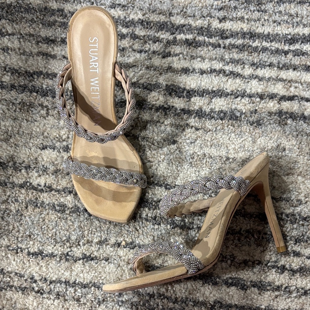Stuart Weitzman Tan and Silver Strappy Heels